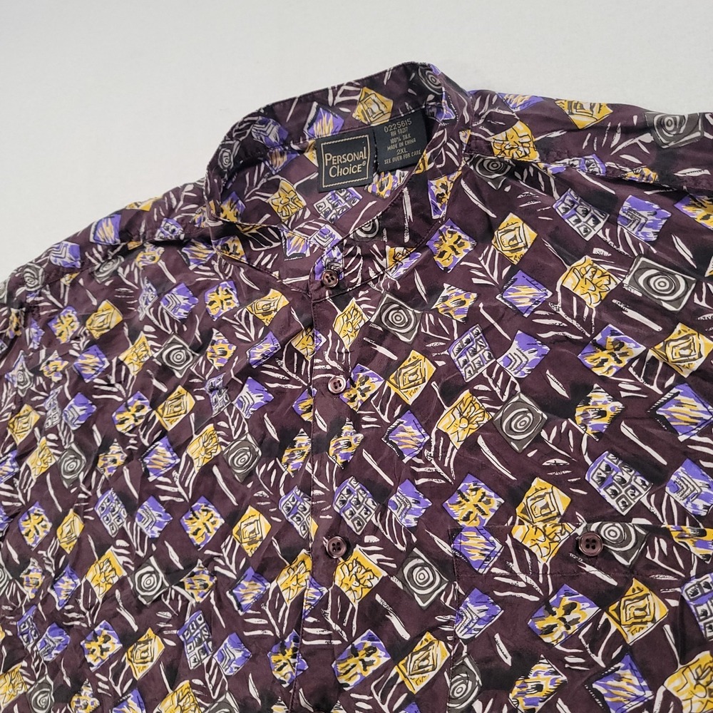 Personal Choice Men Silk Shirt 2XL Blade‎ Collar Geometric Button Up Purple